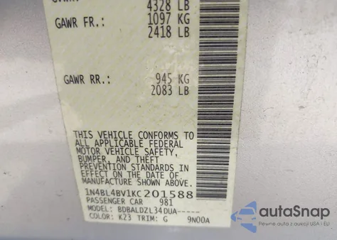 2019 Nissan Altima 2.5 S из США, поврежденный, VIN 1N4BL4BV1KC201588